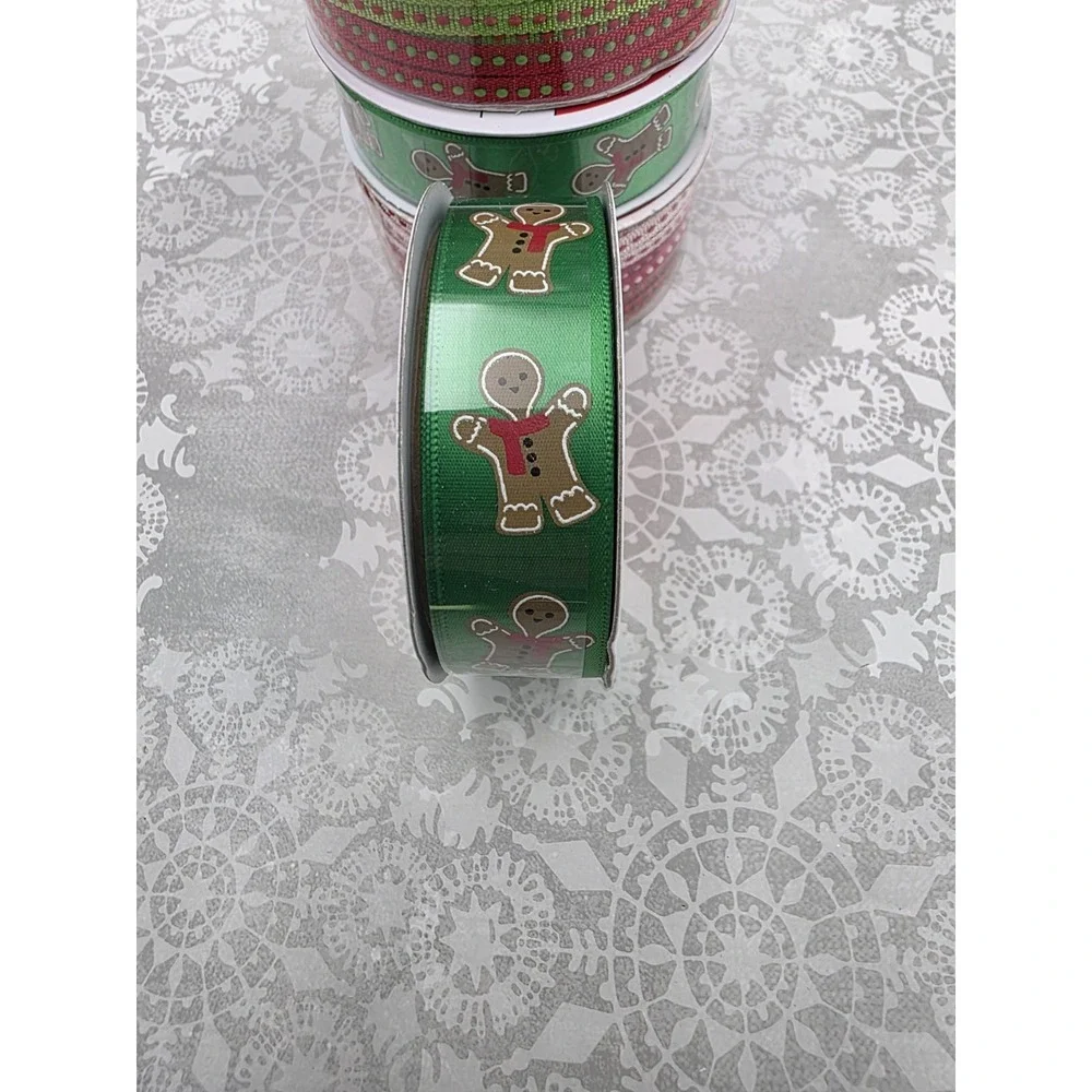 5 New‎ Rolls Christmas Gingerbread Man Ribbon Red Green Wreath Gift Crafting